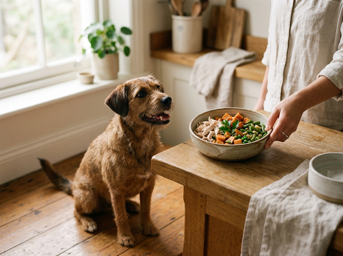 Perro esperando su porción de comida fresca Perrini en la cocina