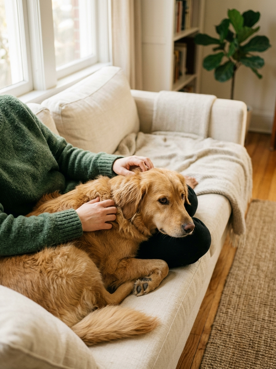Dueño acariciando a su perro en casa